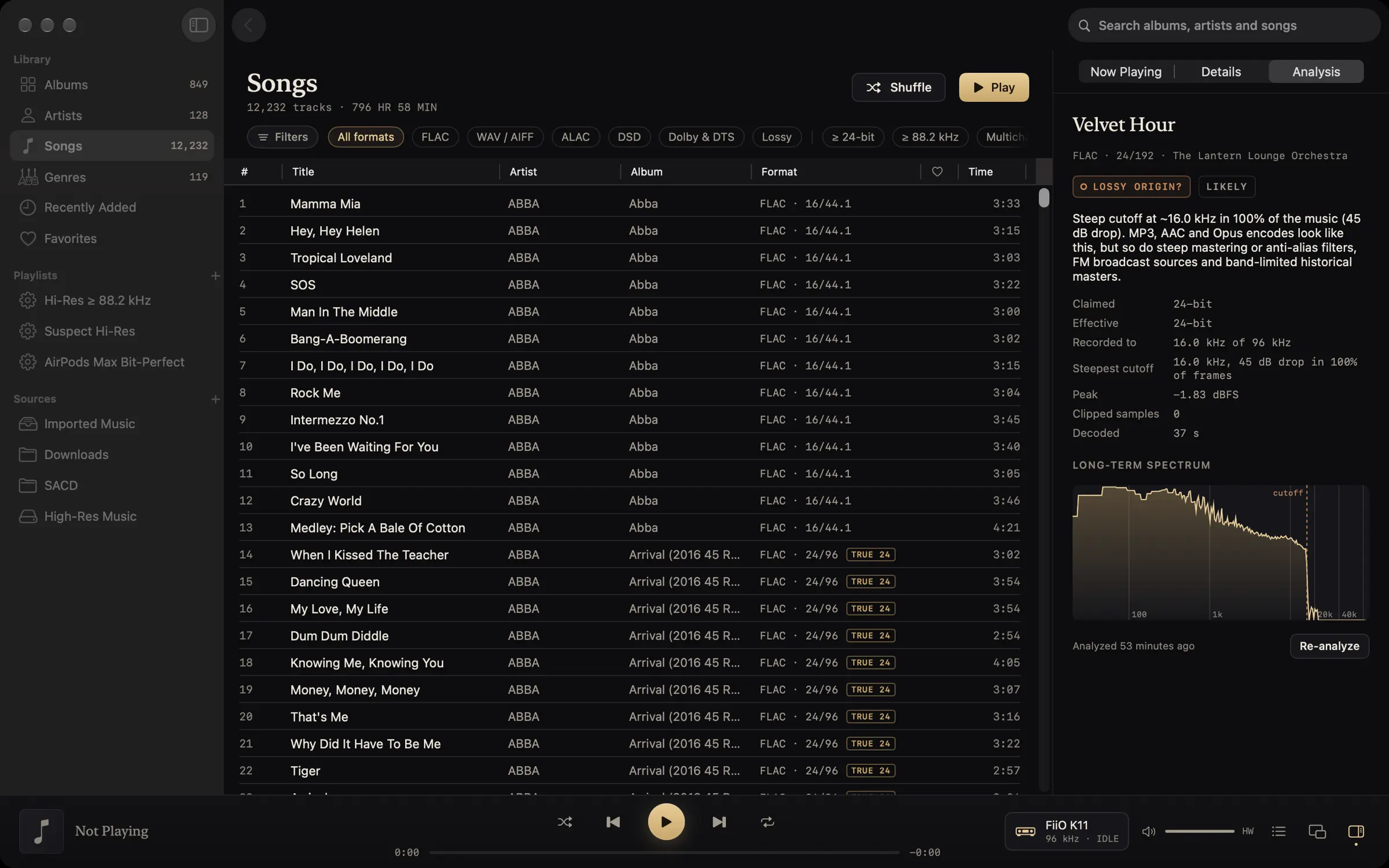 Vespertine's song list with the Analysis panel open, flagging a 24-bit file with a steep 16 kHz cutoff as a likely lossy origin.